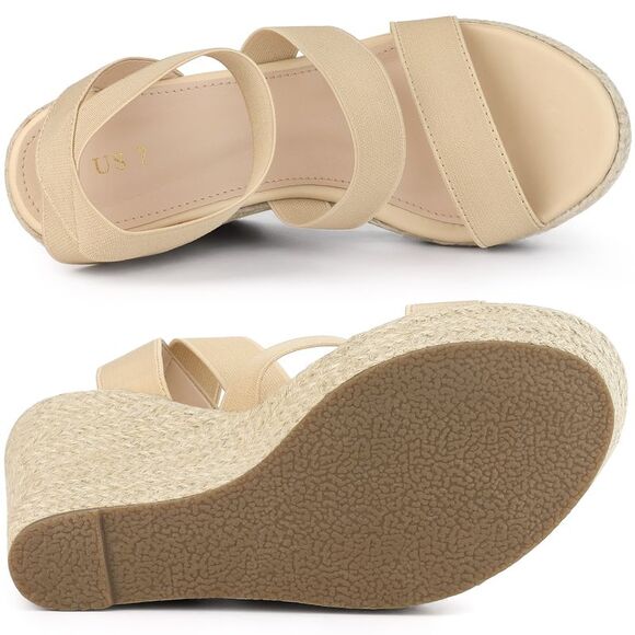 Women's Platform Slingback Elastic Strap Espadrille Wedges Heel Sandals Beige - Picture 4 of 5